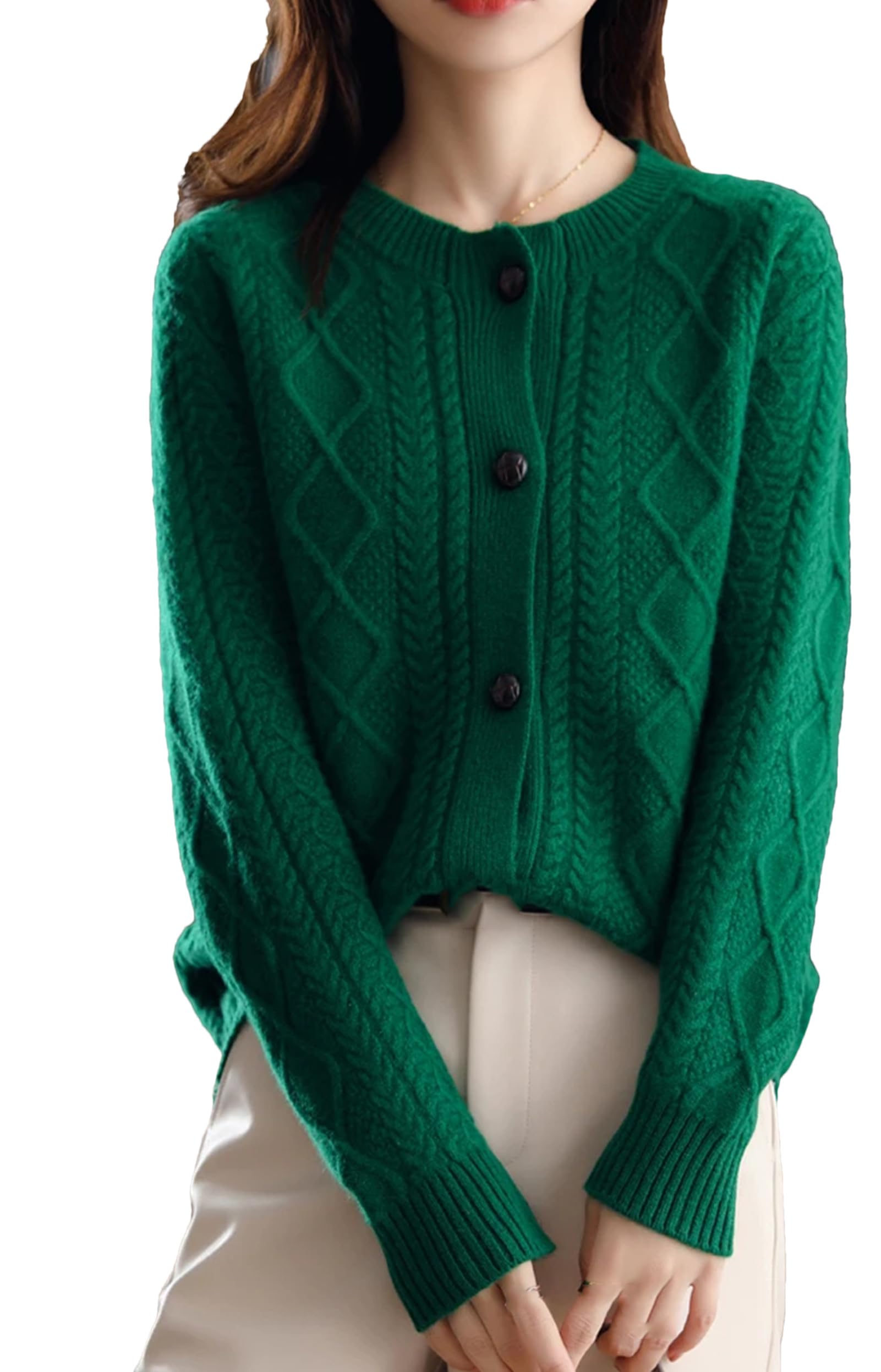 Cardigan da donna in cashmere, con scollo rotondo, lavorato a maglia, spesso e caldo