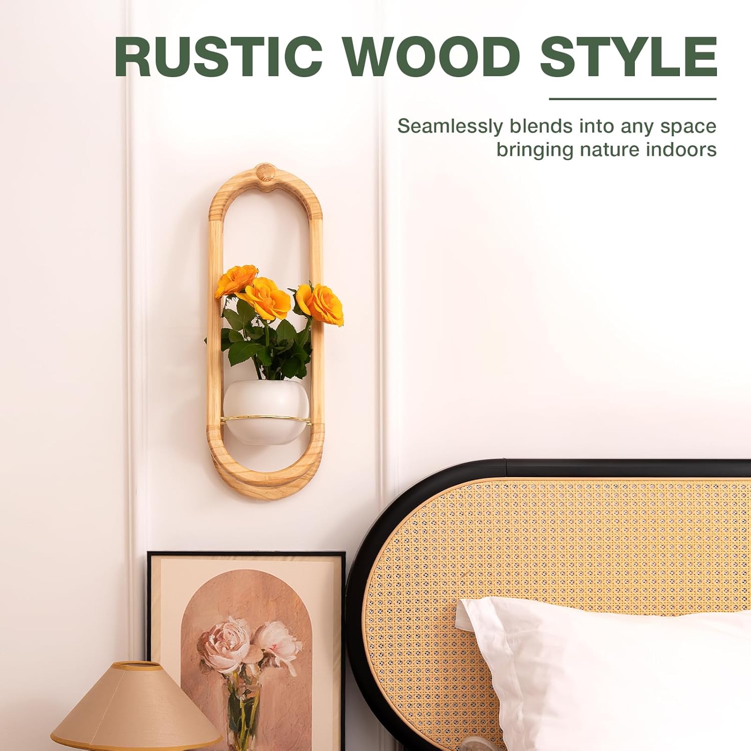 Wooden Wall Planters for Indoor with Ceramic Pot - Modern Hanging Plant stand Shelf for Indoor Plants, Wall Mounted Plant Holder for Living Room, Bedroom, Wall Decor - Raw Wood Color (Set of 1)