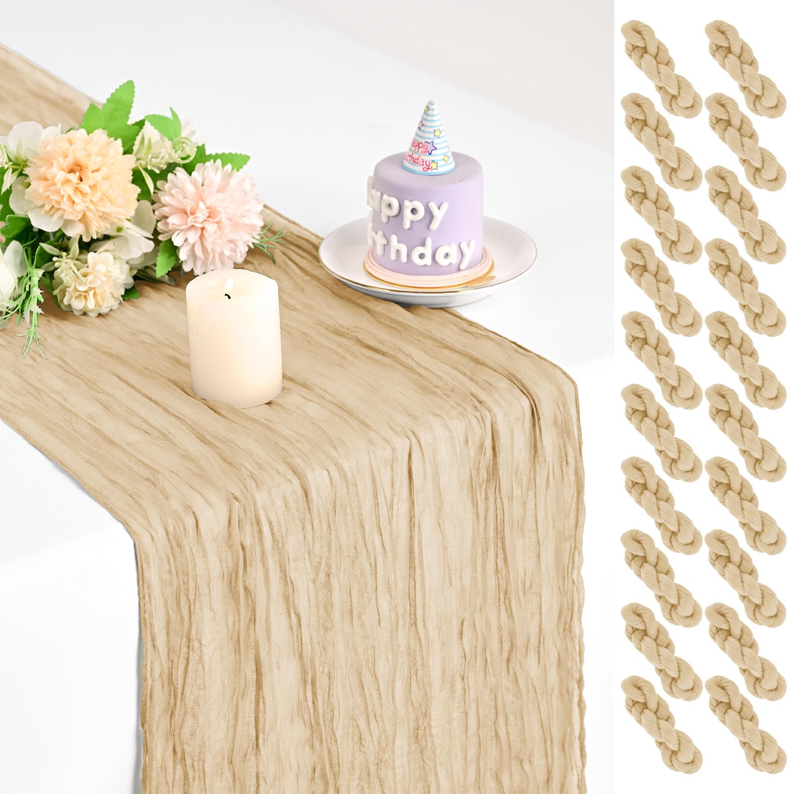 Teruntrue 20 Pack Beige Cheesecloth Table Runner 17x108 Inch, Boho Gauze Sheer Fabric Cheese Cloth Table Runners for Wedding Party Bridal Shower Birthday Home Decor Garden Farmhouse