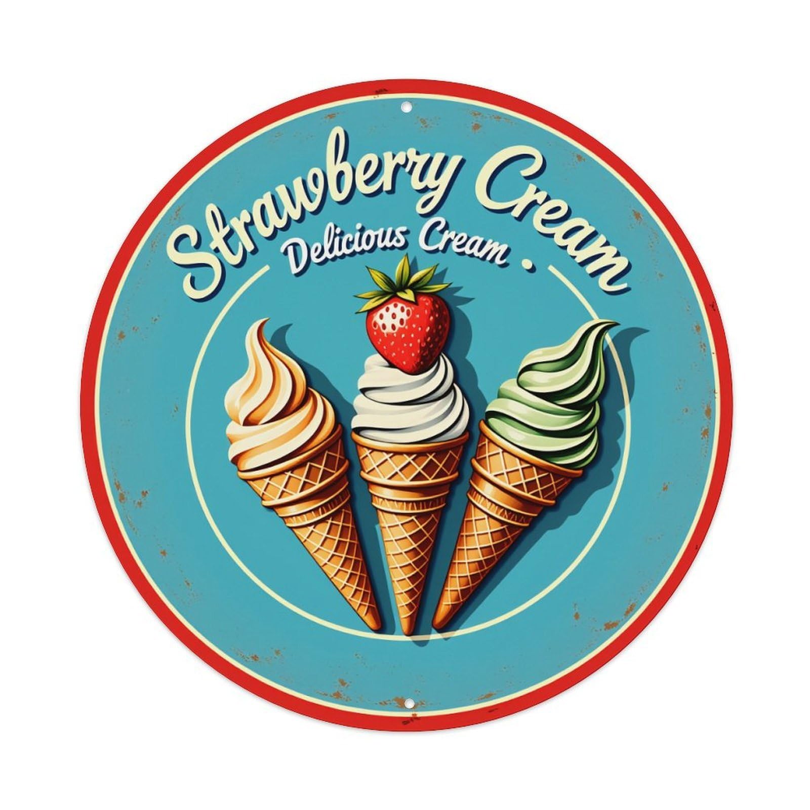 Strawberry Cream Ice Cream Cones Vintage Metal Tin Sign Retro Wall Decor for Home Bar Garage Cafe, Indoor & Outdoor Decorative，circle Metal Poster, 8x8 Inch