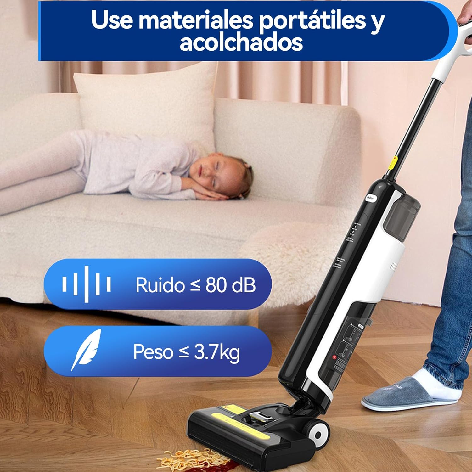 Man cleaning a living room with the Vozascly W12SE, highlighting 45 minutes of battery life