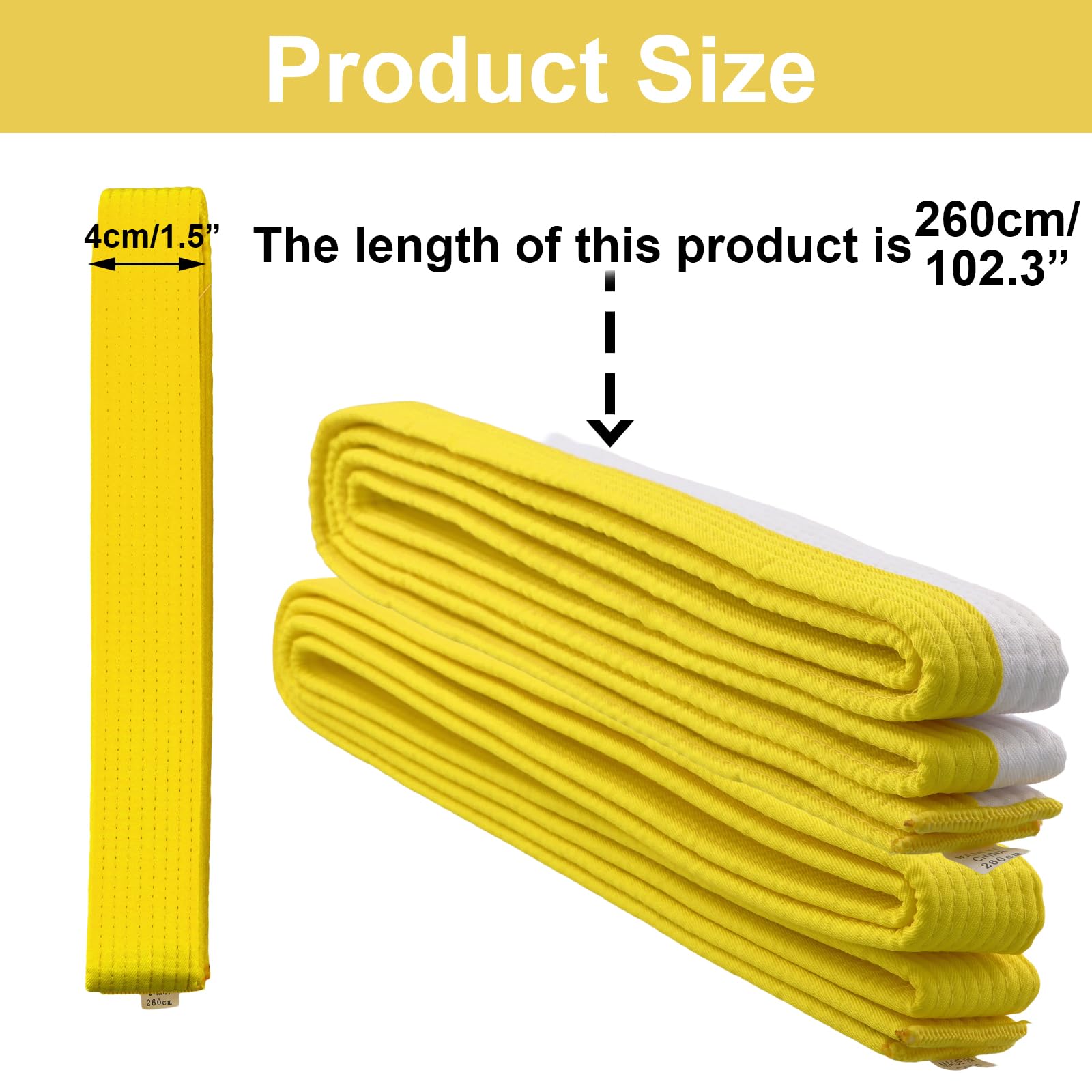 Pasek Judo Karate Belt, pasek judo biały żółty, pasek taekwondo żółty, pasek do sportów walki dla dzieci, 260 cm, szerokość 4 cm, sztuka walki karate judo bawełna taekwondo pasek budo