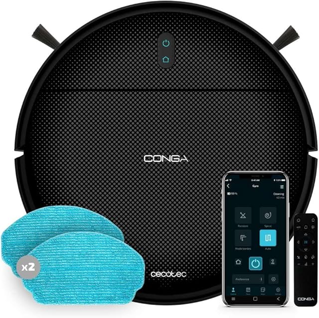 Cecotec Robot Odkurzacz Conga 999 Origin X-Treme. Nawigacja Reaktywna, 1000 Pa, 2 Szczotki Boczne, Autonomia 120 Minut, 6 programów, Sterowanie aplikacjami i kontrolerem, 2 Mopy do mycia