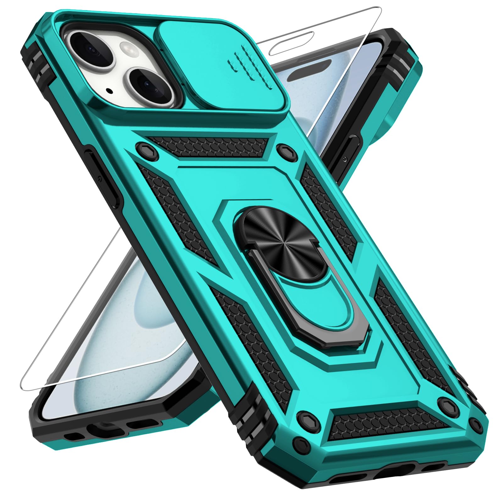 Vinve for iPhone 15 Case, Slide Lens Cover, HD Screen Protector, Military Grade Drop Protection, Magnetic Rotated Ring Holder Kickstand Protective