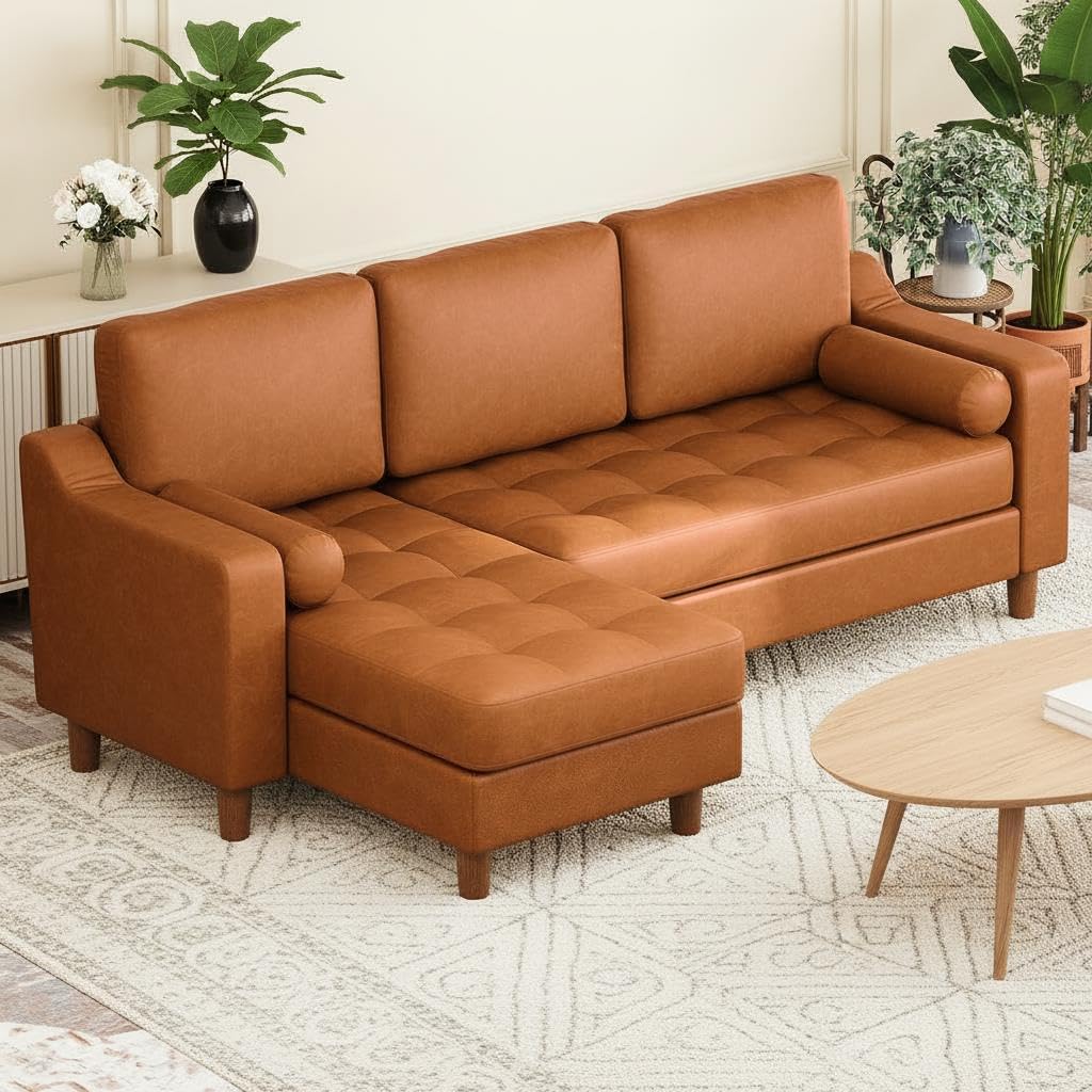 GarveeHome 88.9" L-Shape Sofa with Convertible Chaise, Sectional Leather Sofa with Deep Seat, Mid-Century Modern Sofa for Living Room, 3 Seat Leather Couch, Cognac Tan