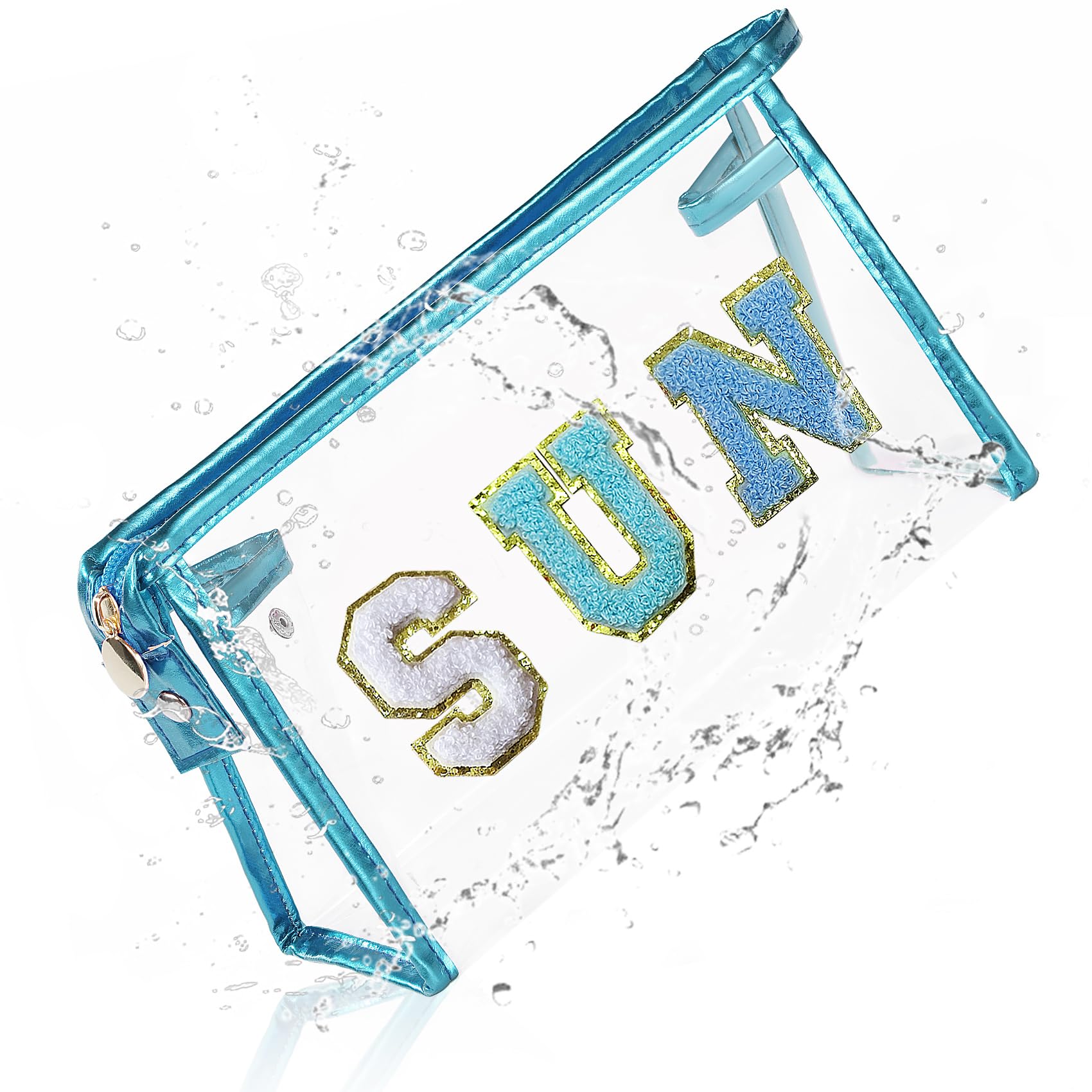 COSHAYSOO Clear Makeup Bag Sunscreen Pouch Beach Vacation Essentials Waterproof Summer Stuff Travel Toiletry Purse for Women Teen Girl Personalized Easter Gifts with Preppy Chenille Letter Blue SUN