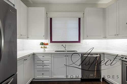 Miniatura 3 de LOGANOVA Flat Roman Shade Chevalle Plum. White base with purple border on three sides and chain mechanism. Custom made.