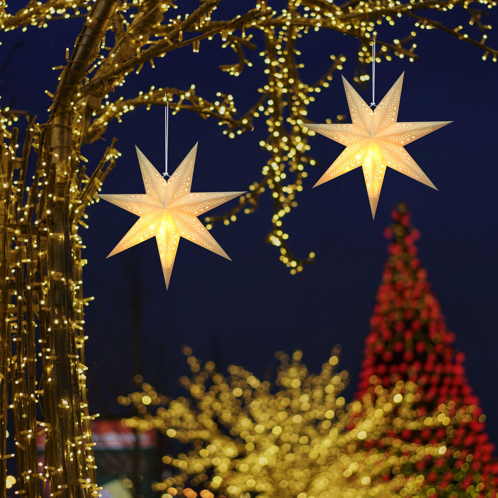 Feebee LED Papierstern Beleuchtet zum Aufhängen, 2 Stück Weihnachtsstern Beleuchtet 60cm, 3D Leuchtsterne Weihnachten Fenster, Weihnachtsdeko Fensterdeko Weihnachten Innen Aussen, Weiß Beleuchtung