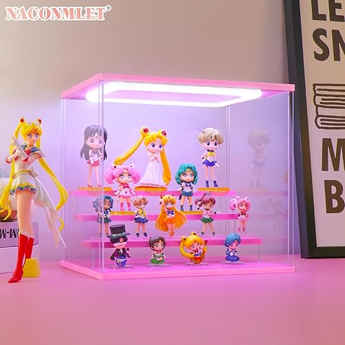 Miniatura 4 de Naconmlet Vitrina de acrílico con niveles con organizador de cubos de luz, escaparate a prueba de polvo para vendedores, figuras pop, perfumes o