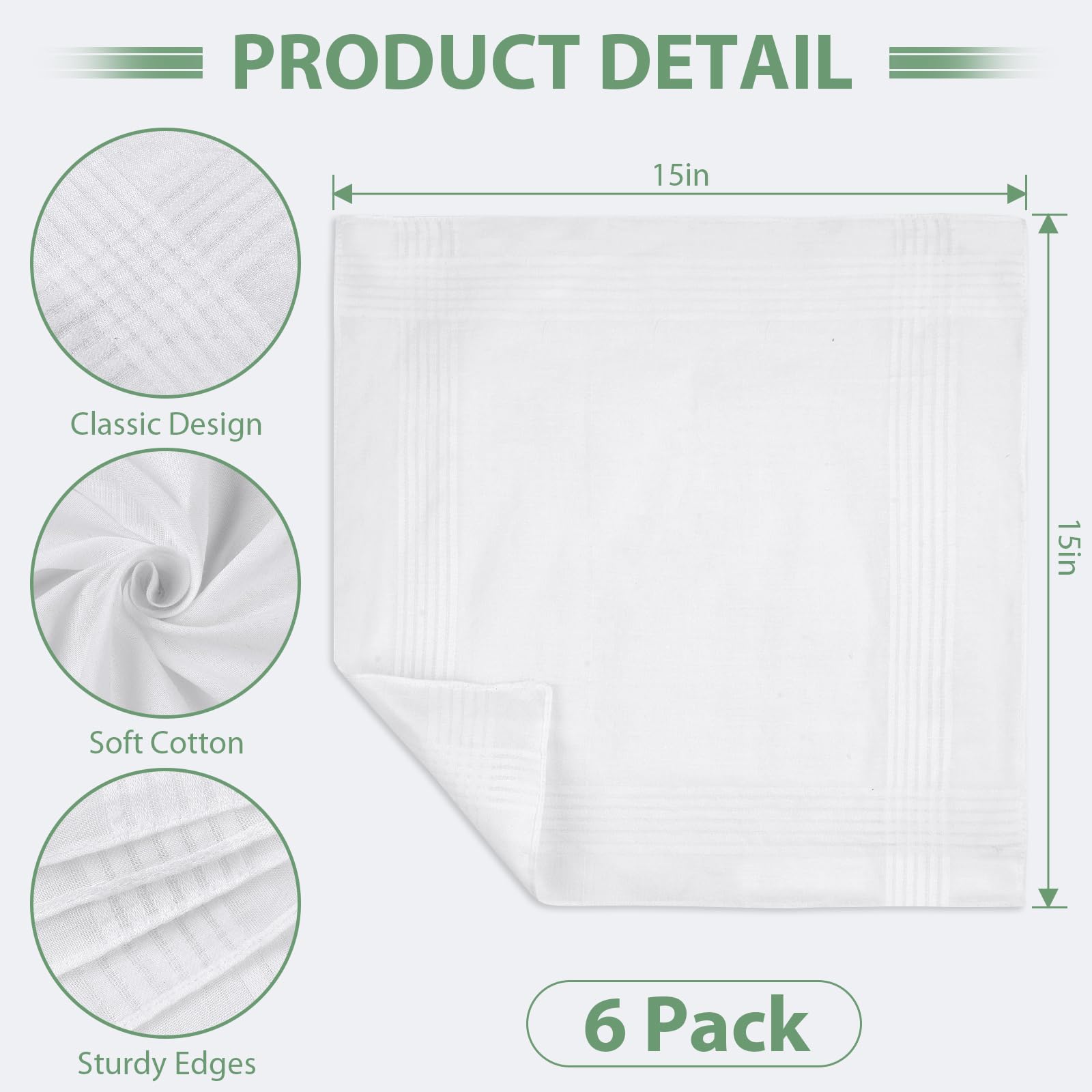vivinin 6PCS Handkerchiefs for Men, 100% Soft Cotton Hankies for Men, Reusable White Handkerchief with Satin Border for Wedding and Cleaning