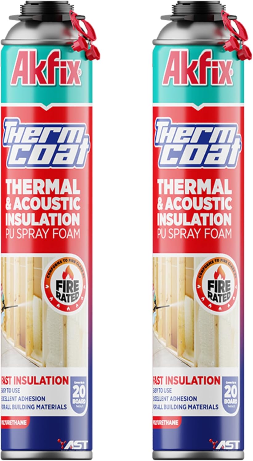 Akfix Thermcoat Fire Rated Spray Foam Insulation 40 sq ft (2x27.1 oz) - (R-Value 11.32/2 inch) Closed Cell Expanding Wide Sealant Thermal Insulation for Walls and Attic - Gun&Cleaner NOT Included