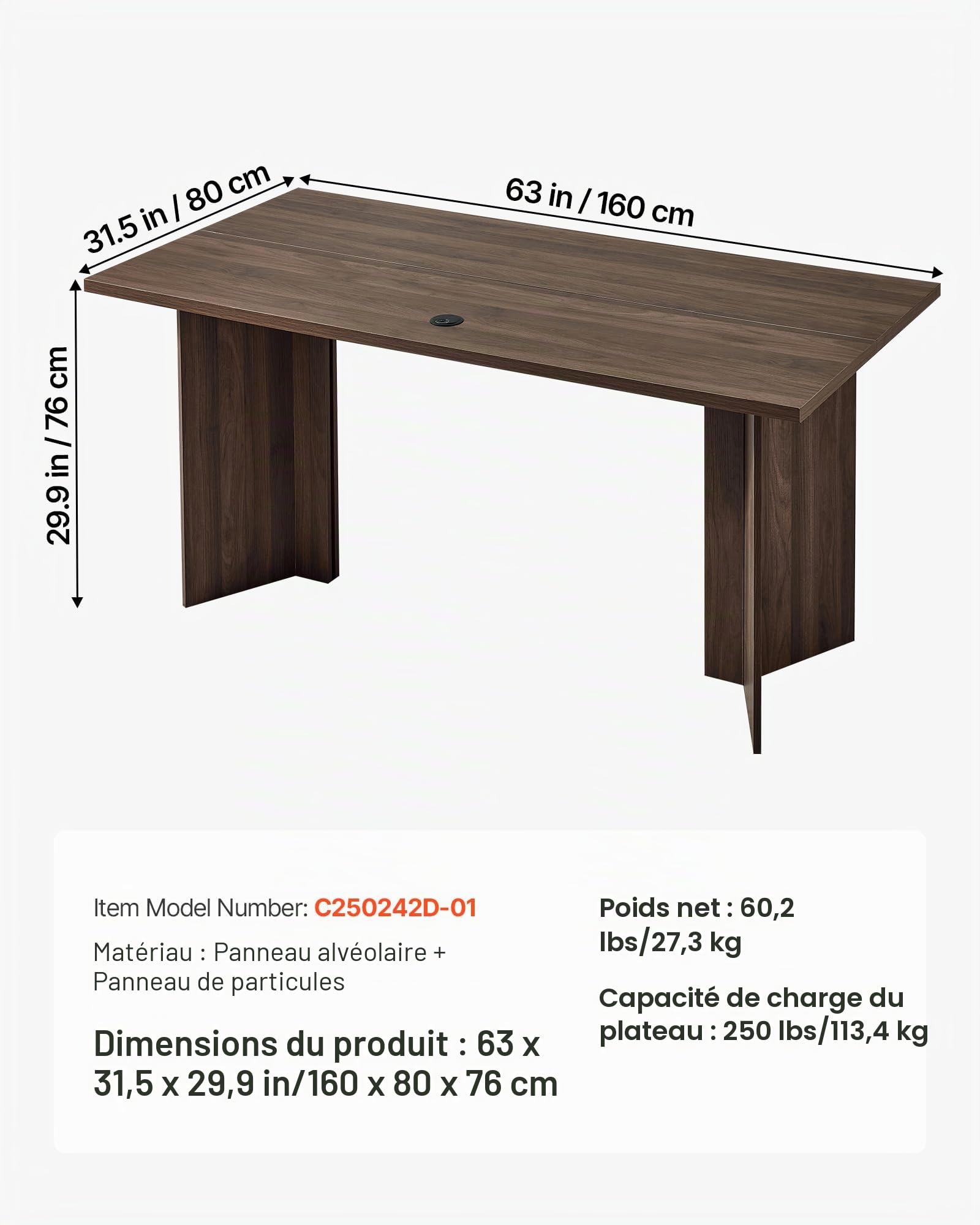 VEVOR Bureau de Direction, 160 x 80 x 76 cm, Bureau d'ordinateur Moderne avec Trou de Connexion de câble, Charge de 113,4 kg, Grande Table d'étude en Bois Robuste, pour Travail et écriture, Noyer