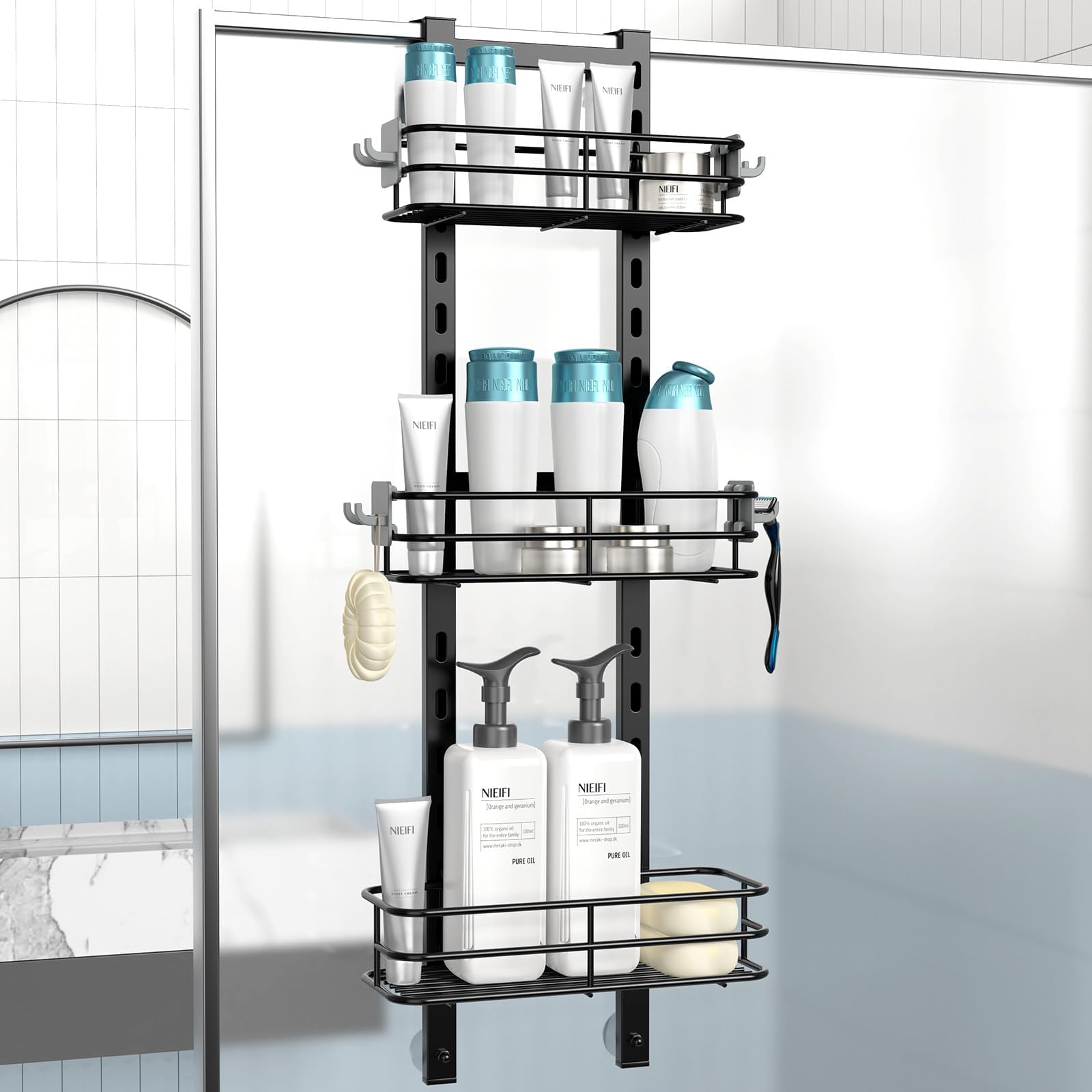 - Over The Door Shower Caddy Pantry Organizer Rack with Reliable Hooks, Sturdy Hanging Shower Organizer Shelf Basket Storage Rack, Bathroom Shelves Drill Free Extra Large, Black