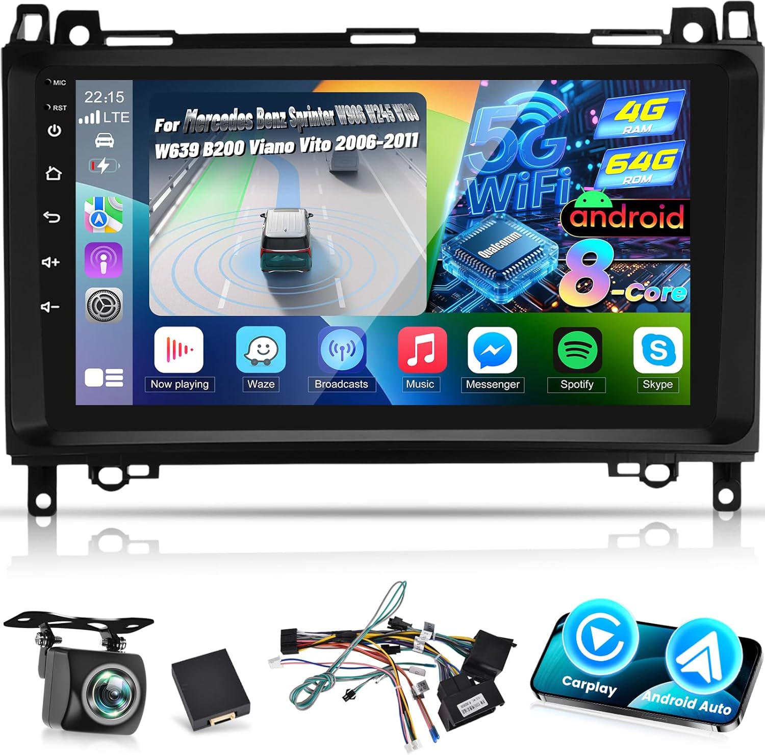 Qualcomm 8-Core Android Radio for Mercedes Benz Sprinter W906 W245 W169 W639 B200 Viano Vito, 4+64GB 9" IPS Screen Sprinter Radio - 3D Car Model UI, Cooling Fan, CarPlay/Android Auto, DSP Hi-Res
