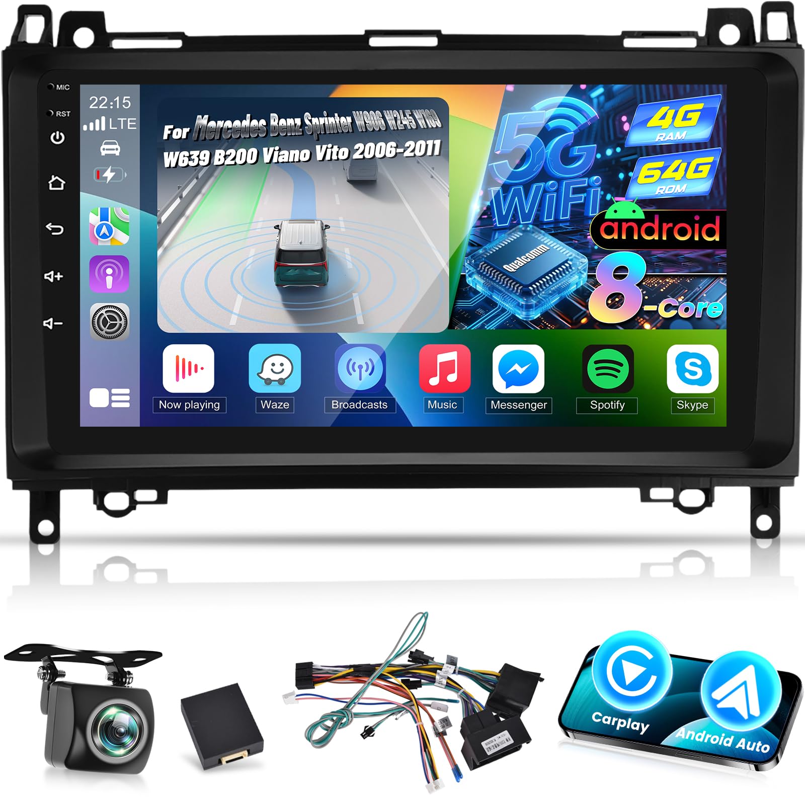 Photo 1 of Qualcomm 8-Core Android Radio for Mercedes Benz Sprinter W906 W245 W169 W639 B200 Viano Vito, 4+64GB 9" IPS Screen Sprinter Radio - 3D Car Model UI, Cooling Fan, CarPlay/Android Auto, DSP Hi-Res
