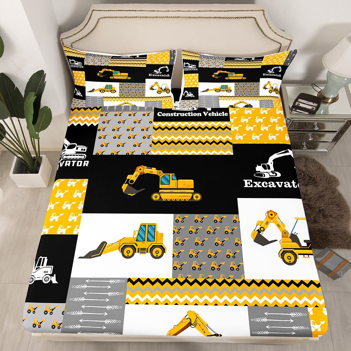 Feelyou Excavator Sheets with Deep Pocket Fitted Sheet Construction Vehicles Sheet Set Equipment Trucks Bed Sheets Set for Kids Boys Girls Cartoon Car Bedding Set Geometric Lattice Bed Set Twin Size