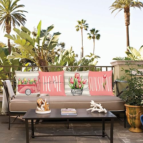 Miniatura 5 de Juego de 4 fundas de almohada de tulipán de 22 x 22 pulgadas, fundas de almohada de flores rosas, fundas de almohada cuadradas de algodón y lino