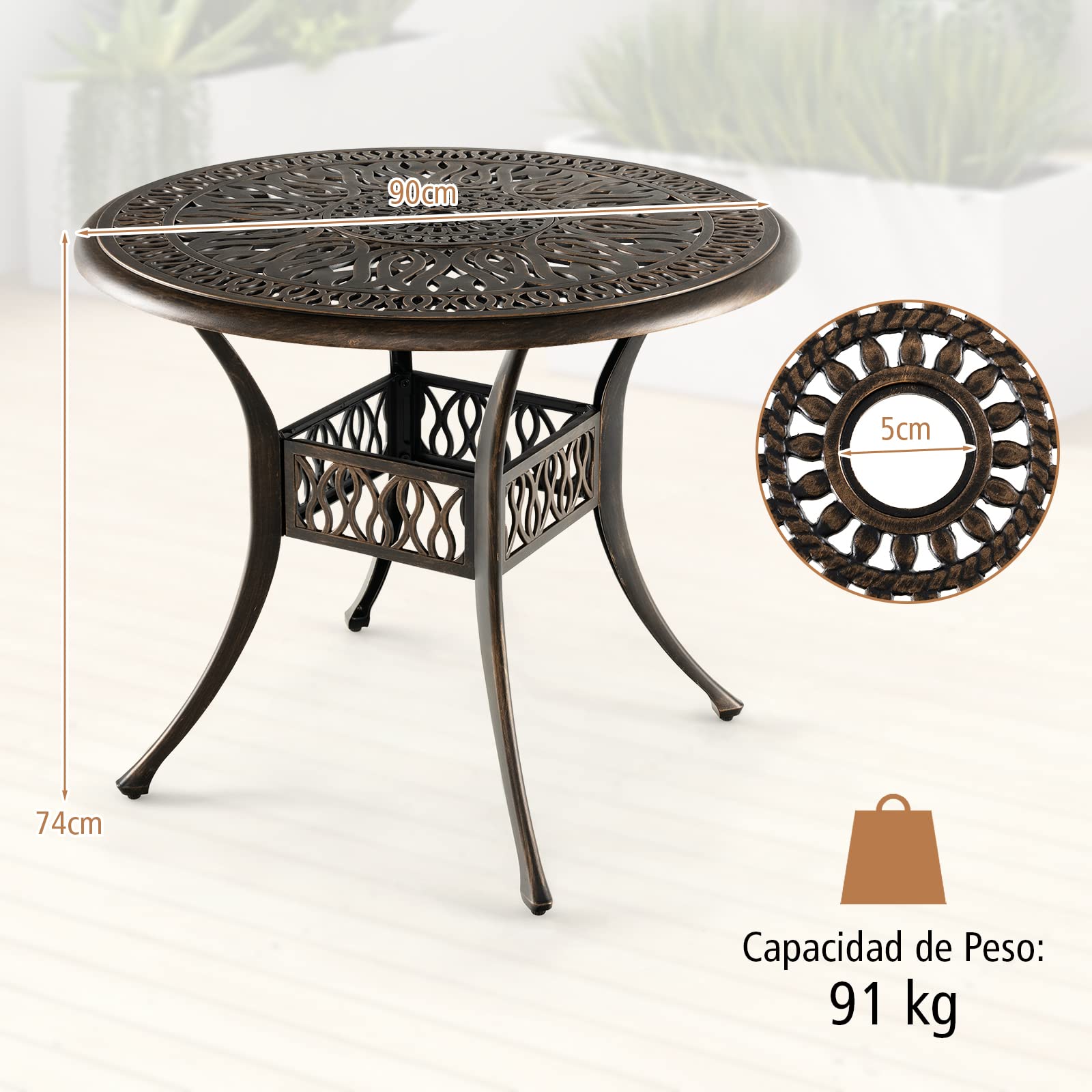 COSTWAY Mesa Jardin Exterior 90x74 cm, Agujero de Sombrillas, Mesa Redonda Terraza, Aluminio Fundido, Balcon Jardin Terraza Exterior, Carga 91kg, Negro y Bronce (Redonda)