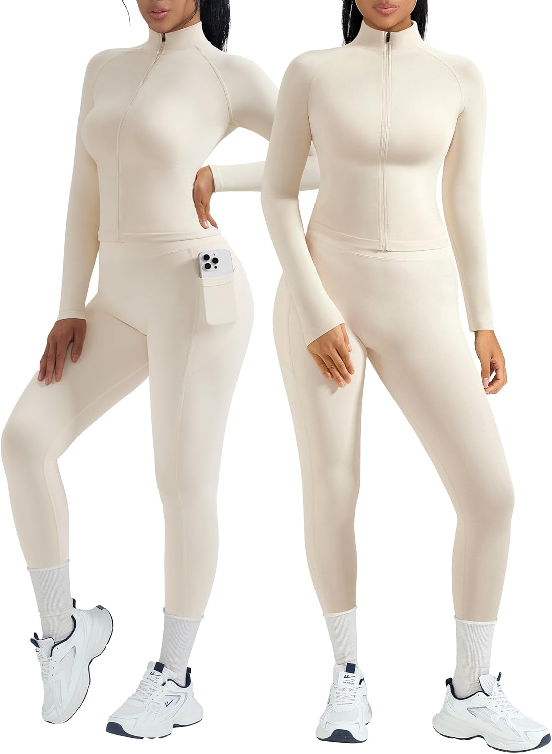 OMKAGI Workout Sets for Women Booty Leggings Matching Zipup Jacket Gym Outfits with Pockets