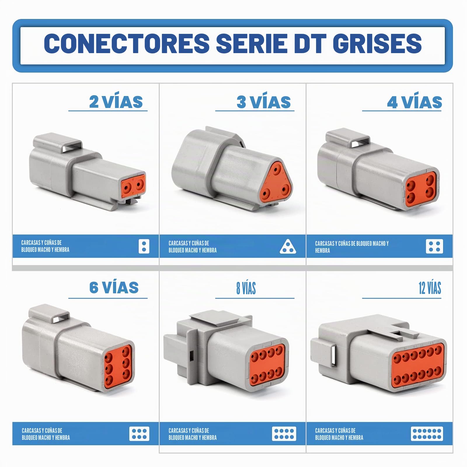 IWISS DEUTSCH DT Kit de conectores en configuraciones de 2, 3, 4, 6, 8, 12 pines, contactos formados estampados tamaño 16 (AWG 14), herramientas de extracción de cuñas y pines, ideal para servicio de