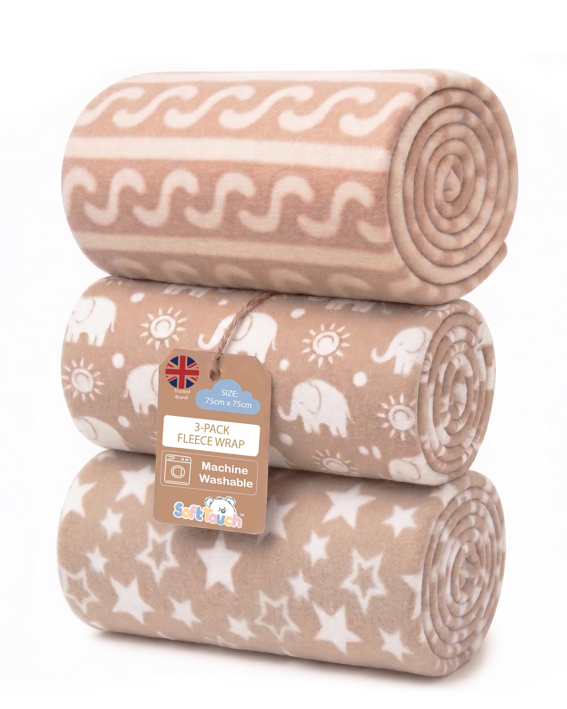Soft Touch Newborn Essentials Baby Fleece Blanket Set – 3x 75x75cm Micro Plush for Comfort in Car Seat, Cot & Pram – Unisex for Baby Boys & Girls (Coffee Color)
