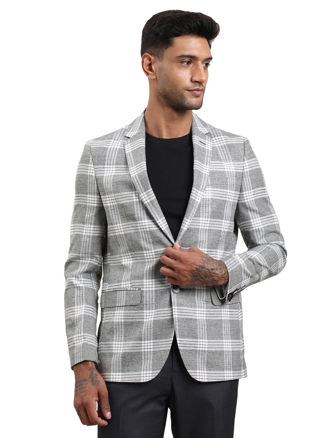 Men Polyviscose Tailored Fit Checkered Grey Casual Blazer||Blazer for Men||Casual Blazer-image-0