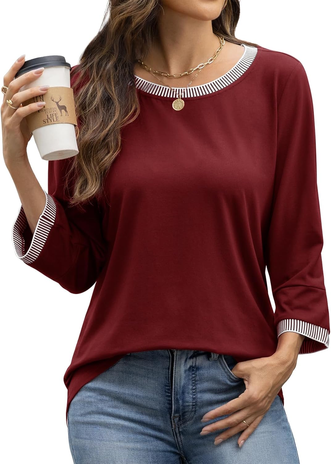 ATHMILE Women's 3/4 Length Sleeve Tops Dressy Casual Striped Crew Neck Fall T Shirts Spring Blouse Summer Tunics - Image 7