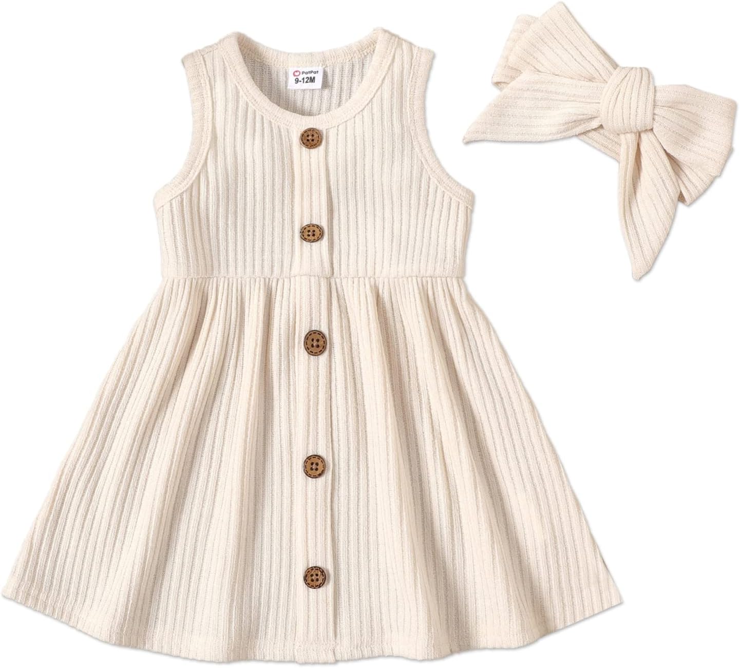 Baby Girl 95% Cotton Ribbed Button Front Spaghetti Strap Splicing Floral Print Dress with Headband Set