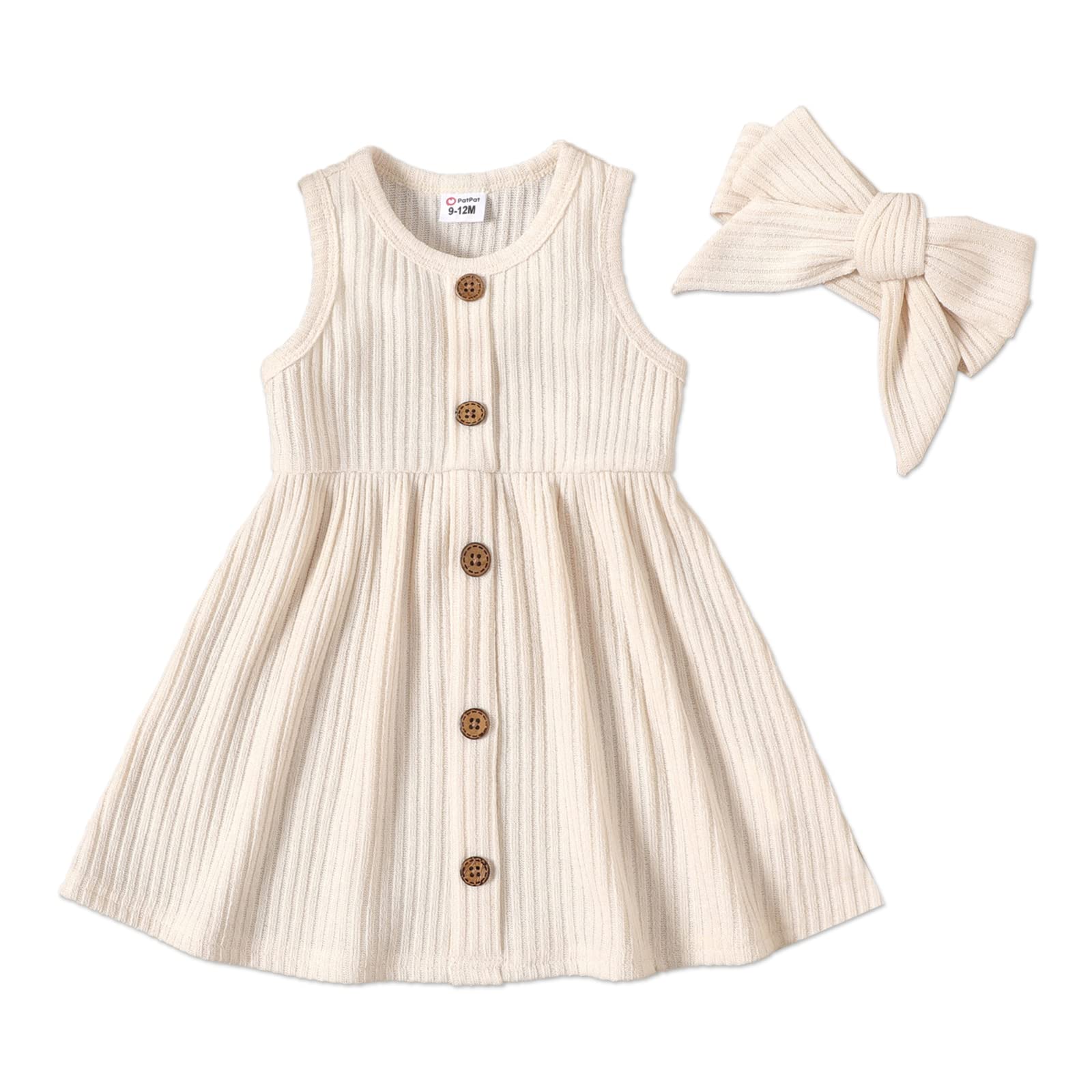 Baby Girl 95% Cotton Ribbed Button Front Spaghetti Strap Splicing Floral Print Dress with Headband Set