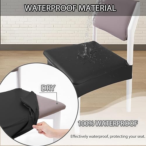 Miniatura 8 de CWK Juego de 4 fundas impermeables de piel sintética para sillas de comedor, fundas traseras, elásticas, lavables para el hogar, oficina, boda