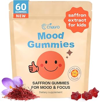 Saffron Gummies for Kids, with Passion Flower, Saffron Extract & GABA, Calm Mood Support Supplement for Focus & Relaxation, Mood Gummies Natural Berry Flavor, 60 Count 30-Serv for Children Ages 4-14
