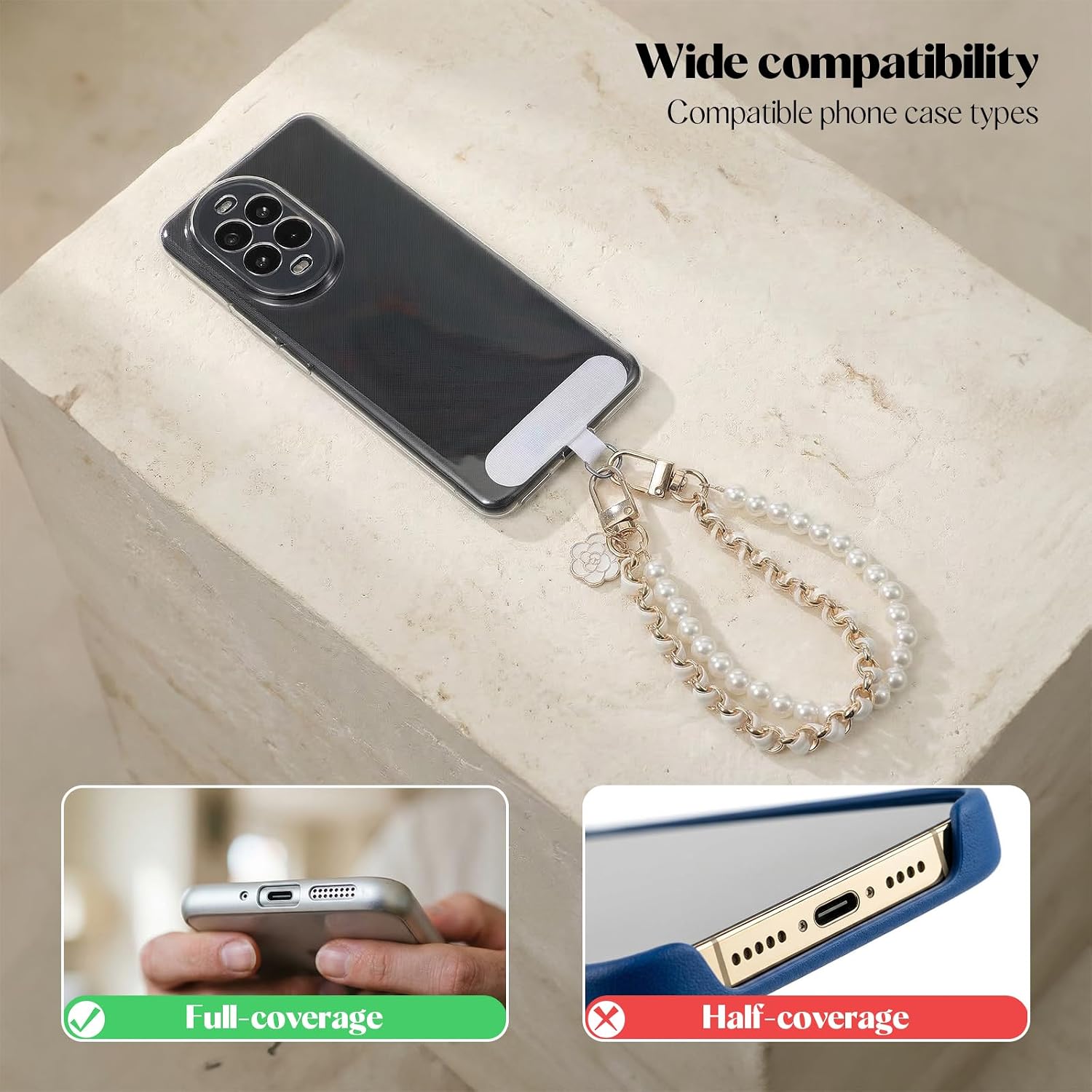 2Pcs Beaded Pearl Phone Wrist Strap, Camellia Pearl Phone Charm | Detachable CellPhone Bracelet Wristlet with Tether Tab Universal Cellphone Strap for Cell Phones