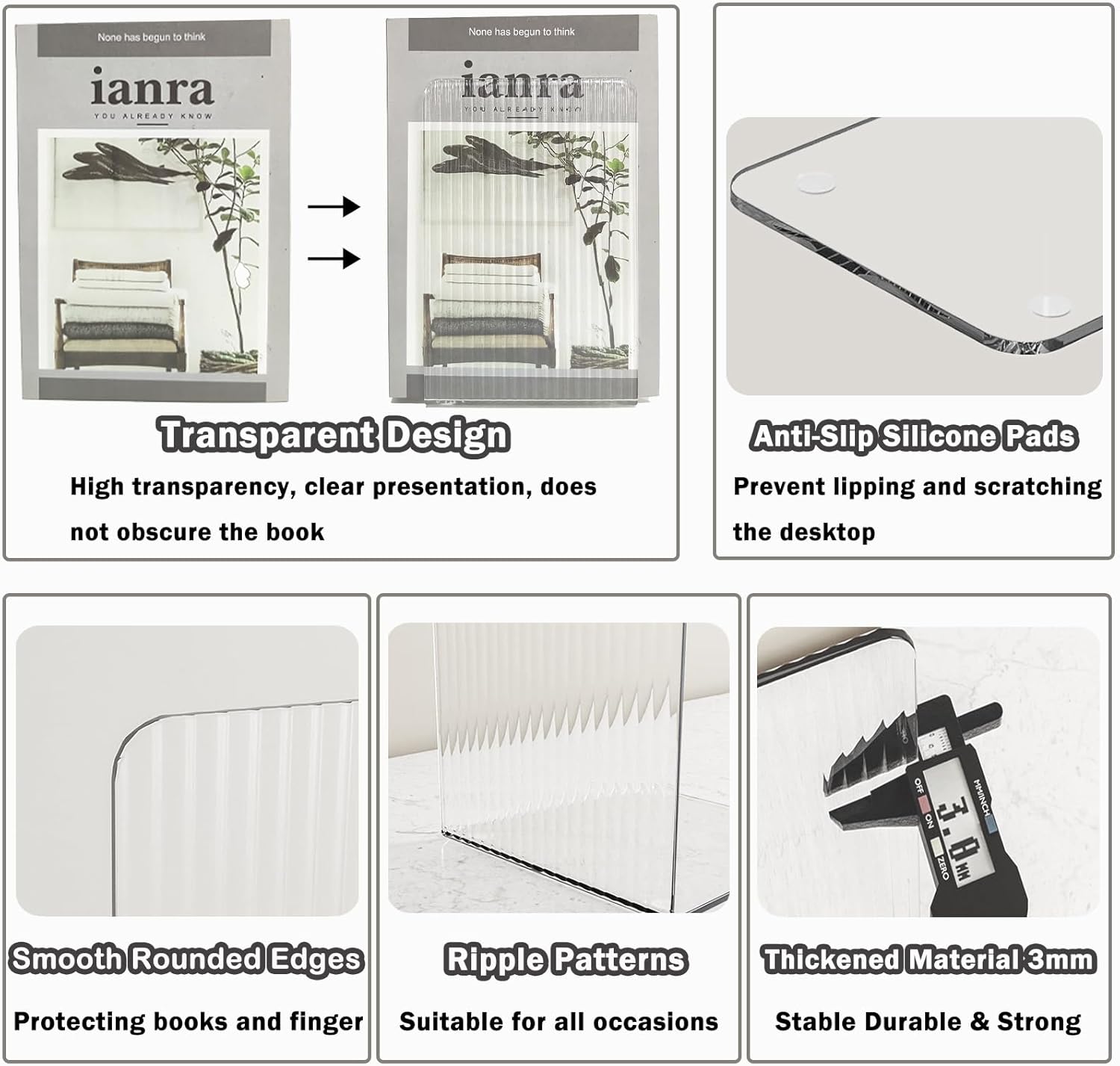 MerryNine Clear Bookends 4pcs, Plastic Book Ends for Shelves, Streaks Bookend Decorative for Heavy Duty Books, Non-Slip Book Shelf Dividers Holder Stopper for Kids, Great for Office Home School