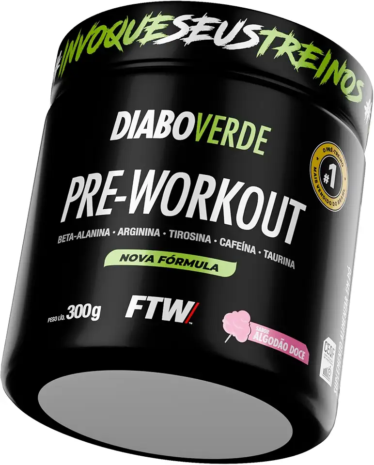 FTW Pré-Treino Diabo Verde em Pó com Cafeína, Aminoácidos Beta‑Alanina e Arginina para Treinos e Atividades Físicas - Pote 300 g (Algodão Doce)