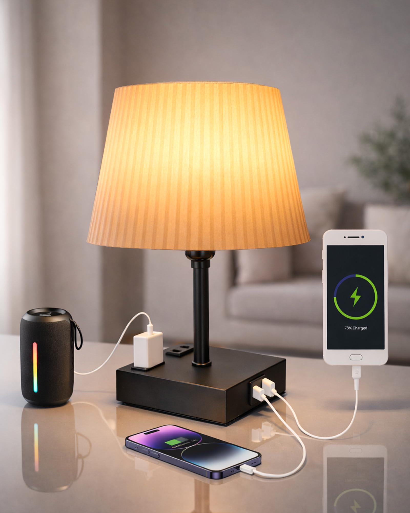 Homesake® Touch Table Lamp with USB A + Type C Charging Ports Dual AC Outlets, Touch Control, Medium Size, Bulb Included Night Stand, Bedside Desk Light Bedroom Living Room Office, (Khadi Frill)-image-27
