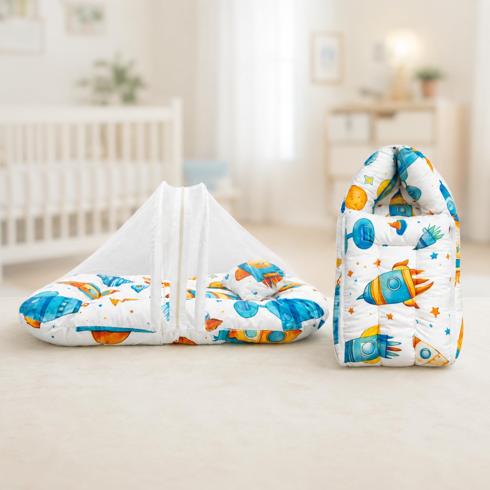 PureHugs 3-in-1 Baby Combo | Mosquito Net Bed + Carry Bed + Feeding Pillow | Newborn | Soft Cotton. (Blue & White - 2in1 Combo)-image-12