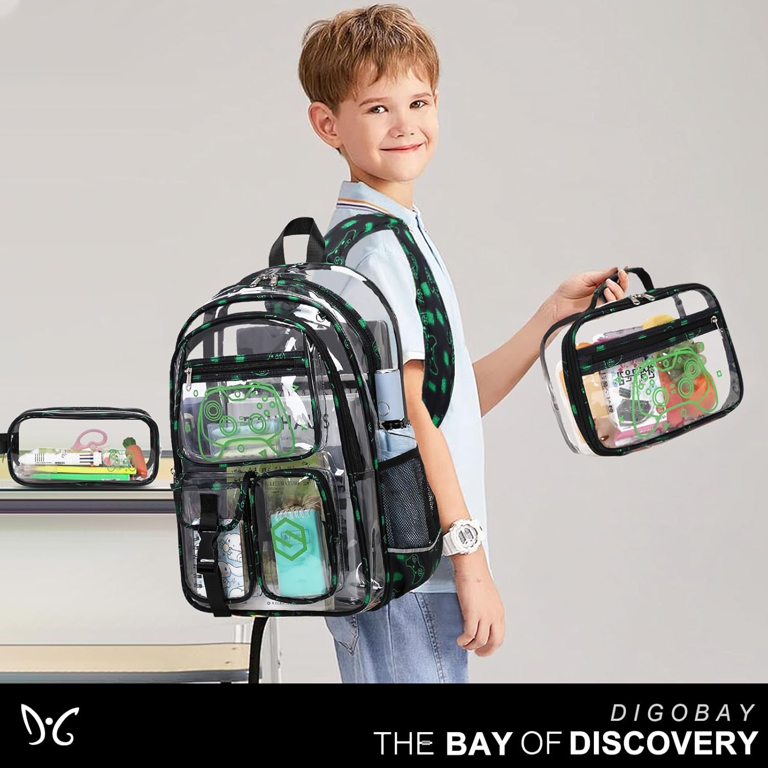 DIGOBAY 3PCS Cool Luminous Clear Backpack for Boys Kids, Gamer Bookbag for School, See Through PVC Transparent Backpacks with Lunch Bag Pencil Case, Clear Backpack Heavy Duty for School Stadium
