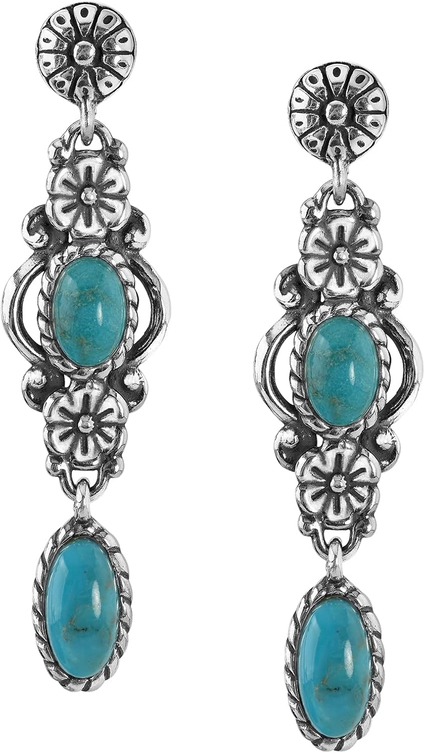American West スターリングシルバー レディース ドロップ&amp;ダングルイヤリング ジェムストーン フローラルデザイ