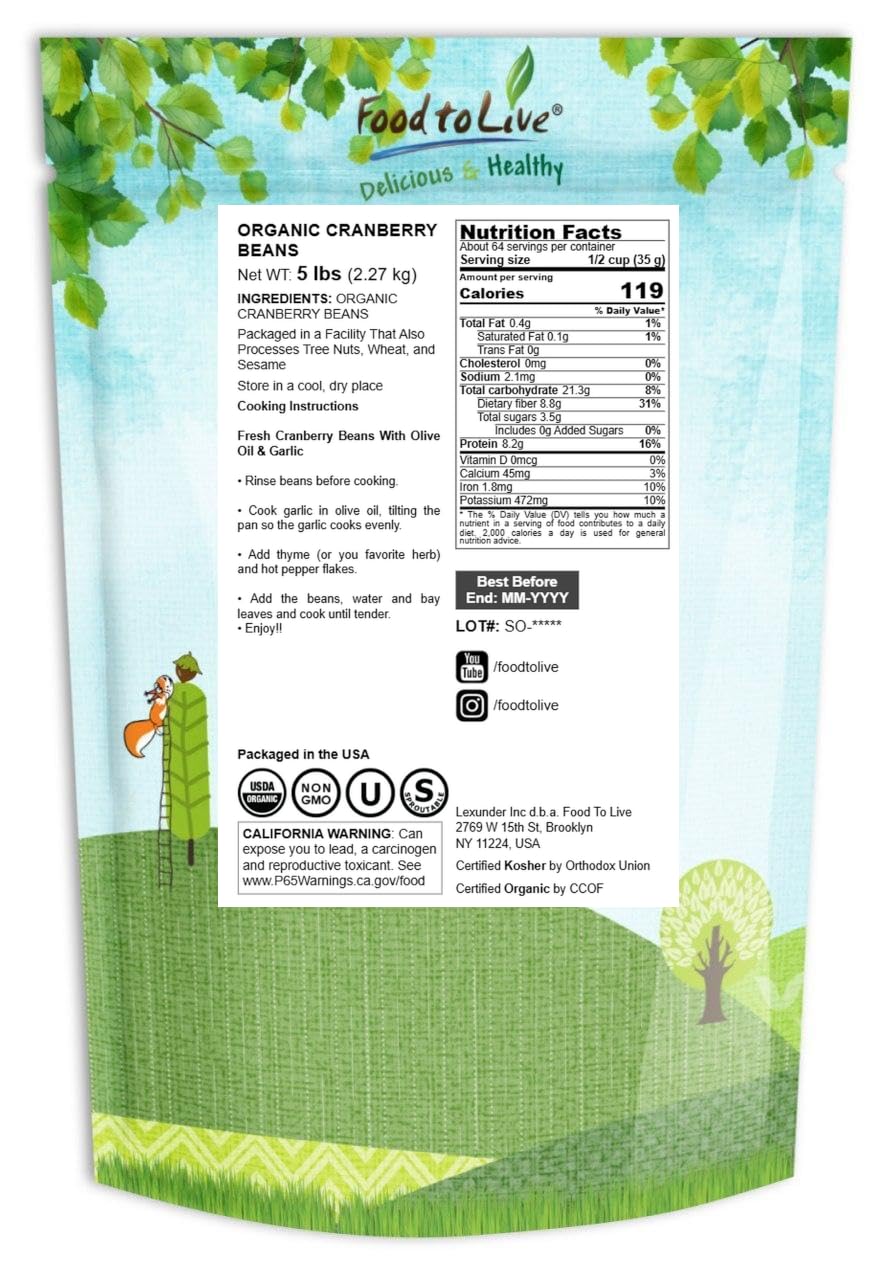 Food to Live - Organic Cranberry Beans, 5 Pounds - Non-GMO, Dried Borlotti Beans (Romano Beans), Sproutable, Vegan, Kosher, Bulk. High in Folate, Fiber, Protein