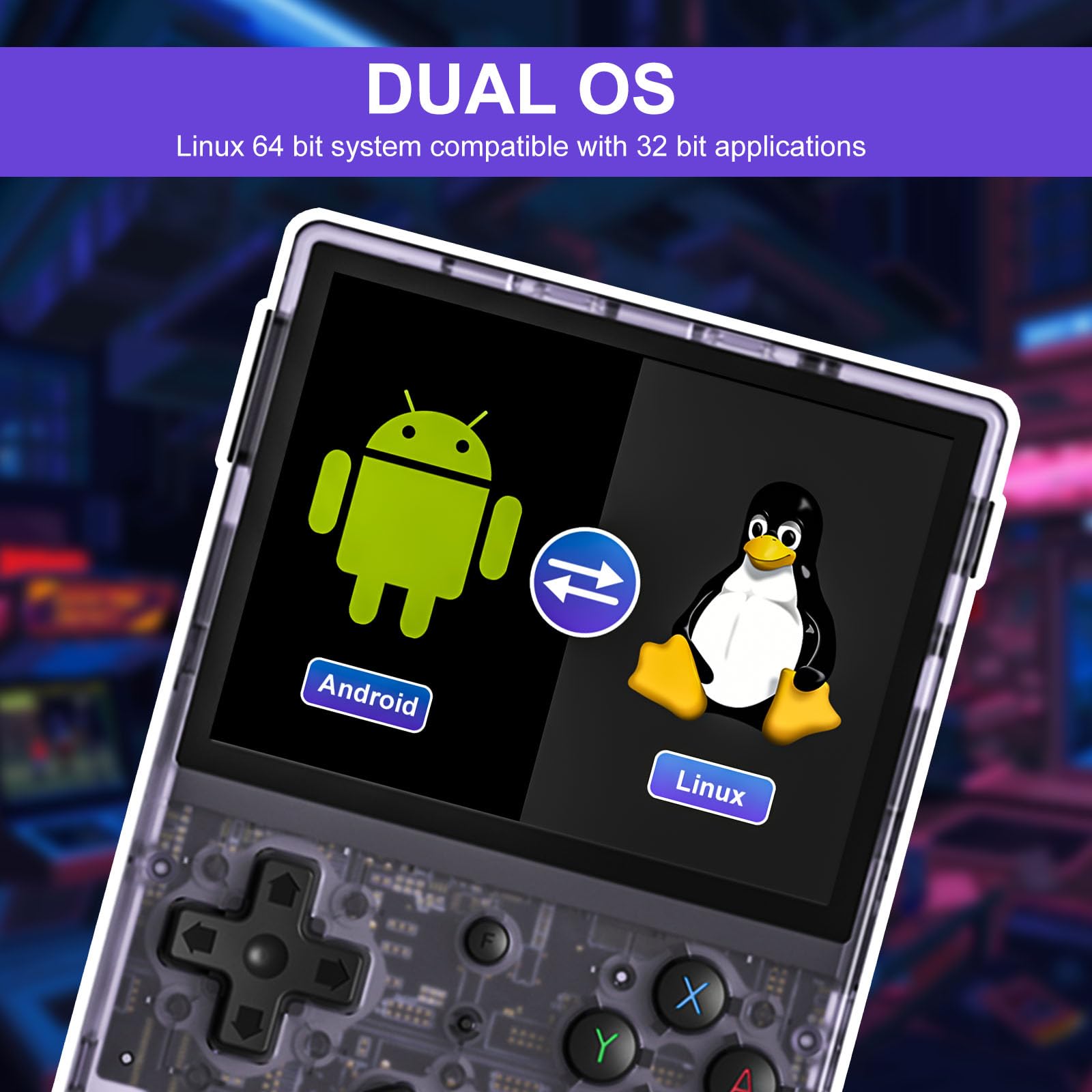 Anbernic RG353V, Console Portatile16GB+64G, Console Giochi con Linux Sistema e RK3566 sistema Android 11, Retro Console Funzione WIFI e Bluetooth e 4452 Giochi,Trasparente Viola
