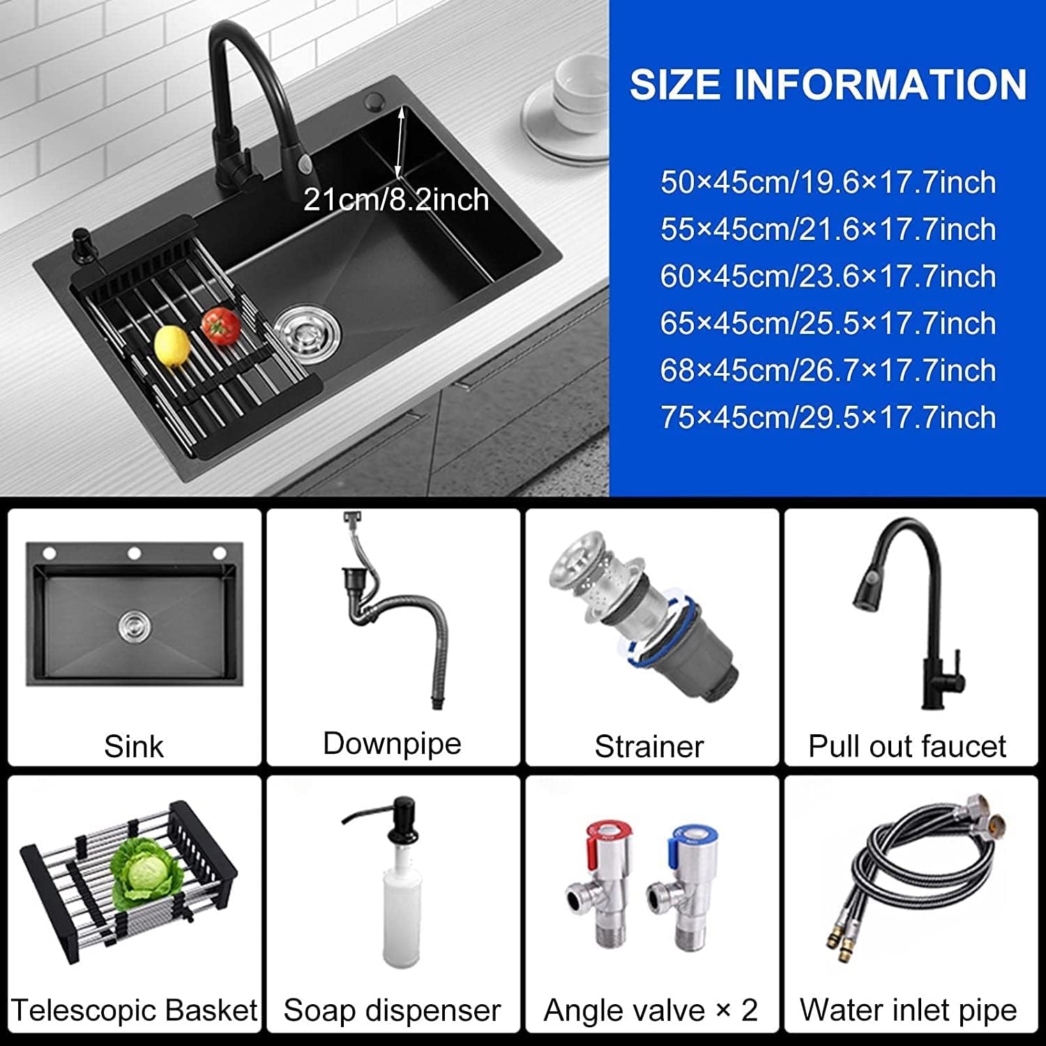 ,Stainless Steel Household with Drain Hole Bar Prep Square with Pull-Out Faucet Stainless Steel Household with Drain Hole Black Grey Thickened 304 Stainless,60x45cm