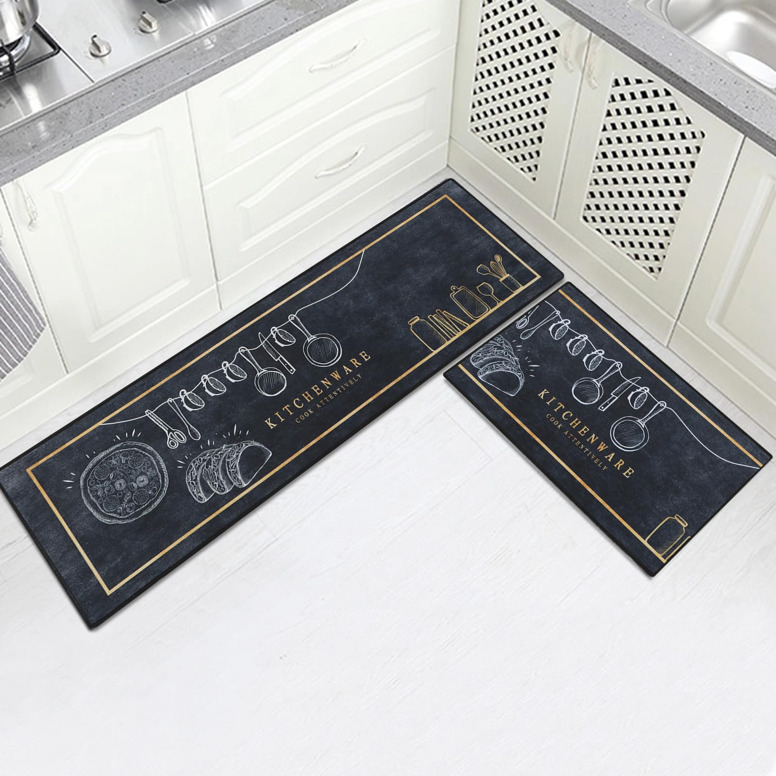 Juego de alfombras de Cocina,2 Piezas Antideslizantes Lavables Alfombrillas de Cocina y alfombras Runner Set,Lavable alfombras de Piso,Negro,40x60+40x120cm