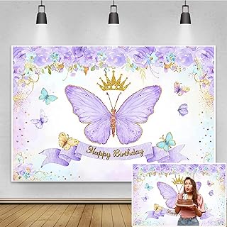 Renaiss 7x5ft Butterfly Happy Birthday Backdrop Fabric Purple Rose Flower Gold Crown Photography Background Girls Princess Birthday Party Decor Dessert Table Banner Portrait Selfi…