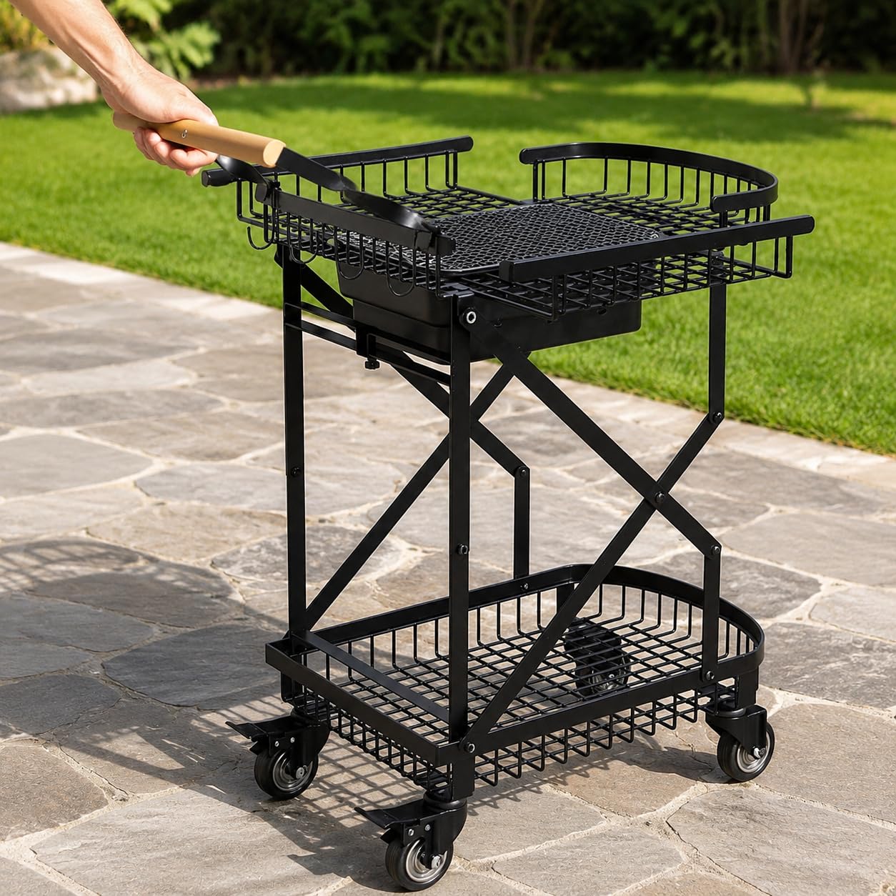 Barbacoa Carbón Portátil, Parrilla Barbacoa Exterior con Ruedas, Carrito Acero y Madera, para Camping y Jardín, Carro de barbacoa con parrilla y ganchos (semi-ensamblado)