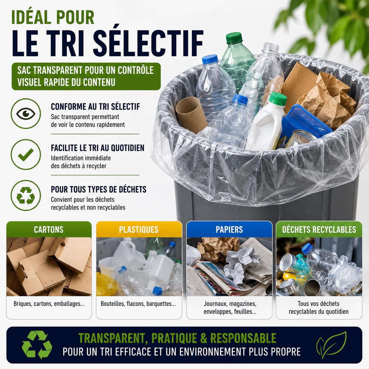 Bolsa de basura transparente de 240 litros | 50 bolsas de basura 240 l | Resistente (30 µ) | Para contenedores de basura 2 ruedas | Clasificación selectiva de residuos | Protección contra fugas - Anti