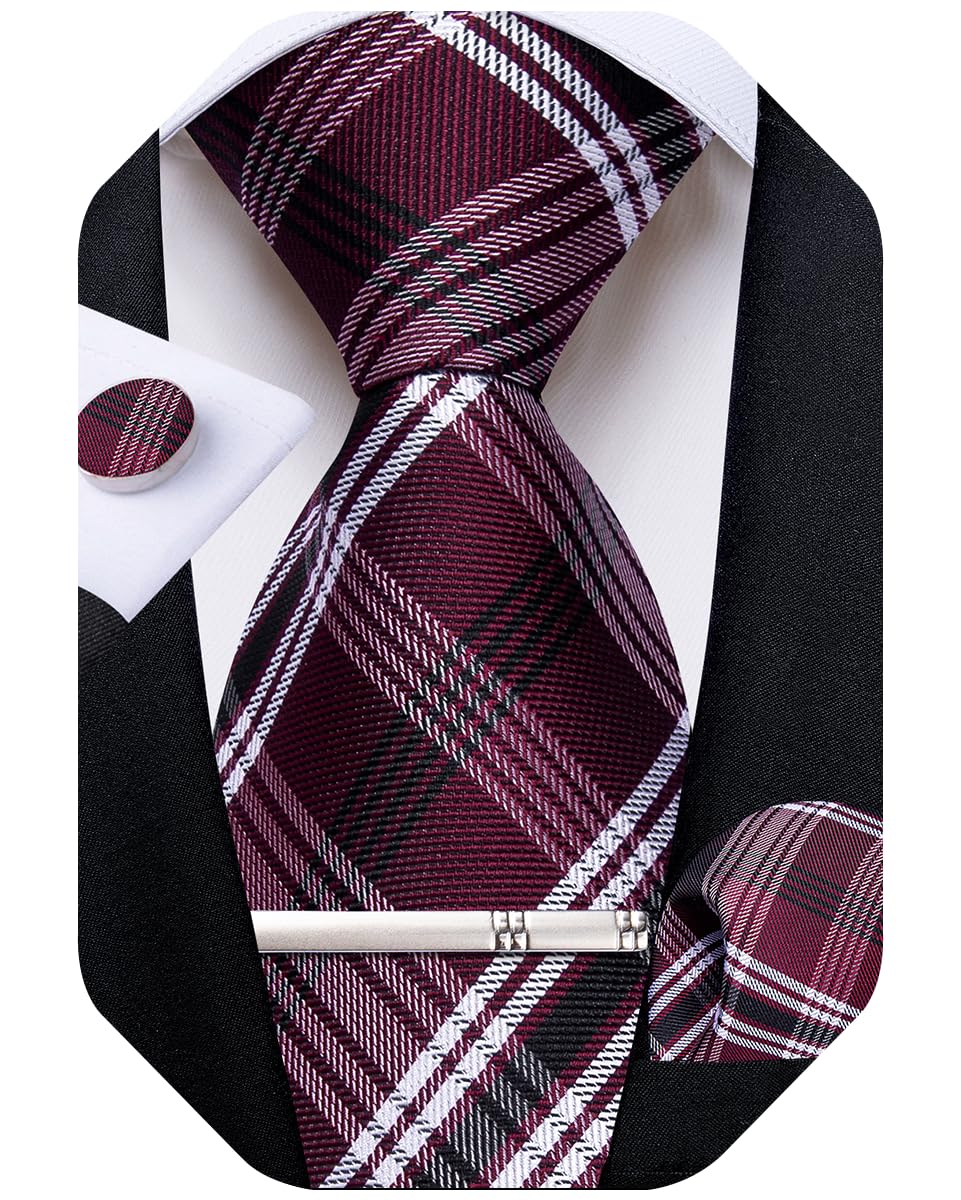 DiBanGu Mens Silk Plaid Tie and Pocket Square Set