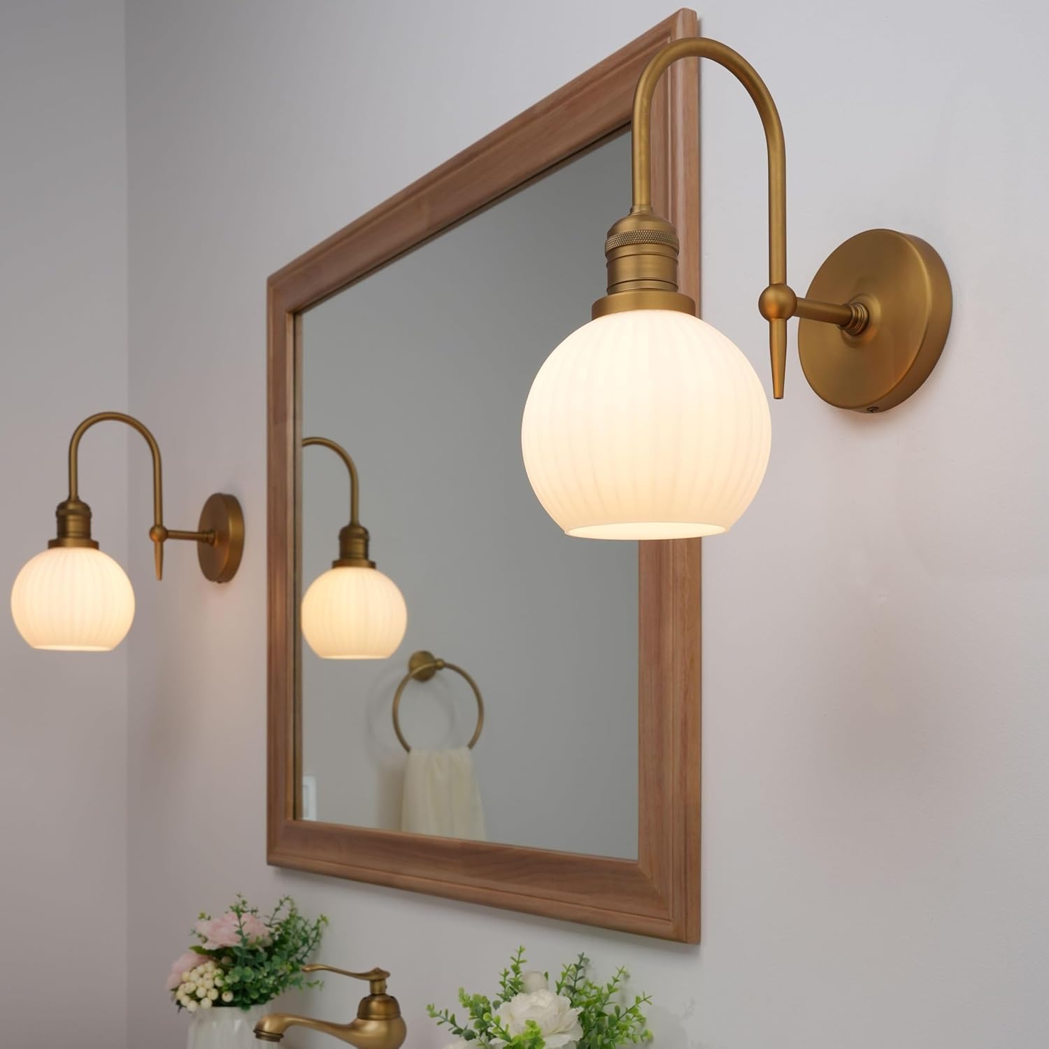 Pathson Milky White Glass Globe Wall Sconce Light, Hardwired Wall Vanity Lighting, Curved Metal Rods Design, Mid-Century Bathroom Wall Lamp Decor for Living Room