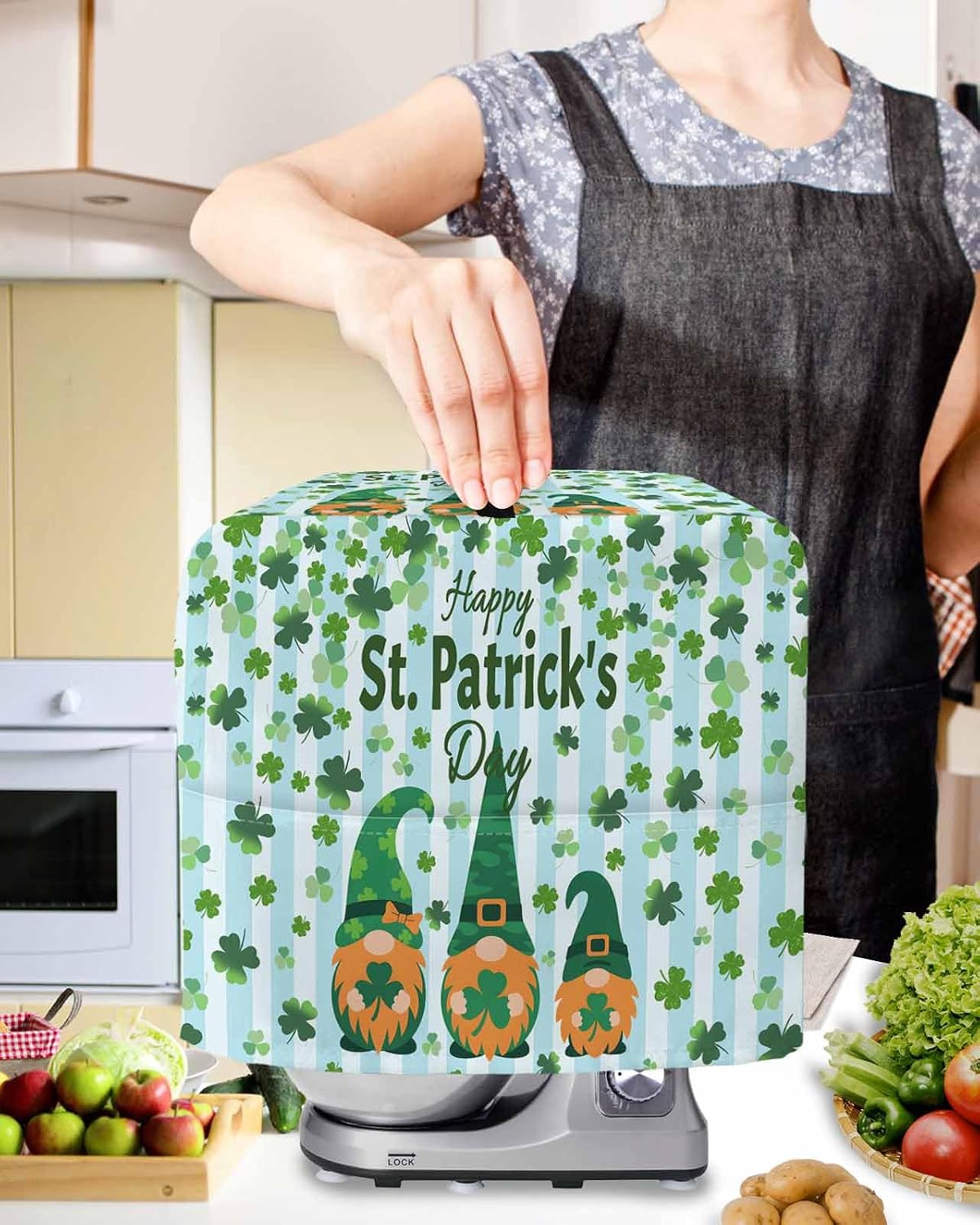 St. Patrick's Day Stand Mixer Cover with Storage Pocket, Waterproof Kitchen Mixer Covers, Gnomes Shamrock Clovers Blue Stripes Kitchen Appliance Dust Cover Compatible with 6-9 Quart Mixers