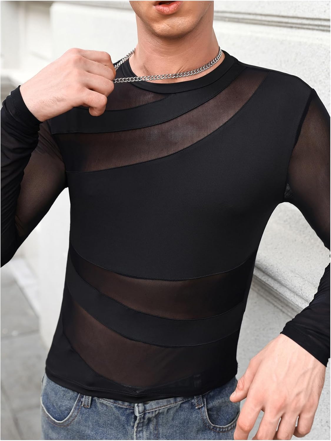 OYOANGLE Men's Contrast Mesh Sheer Cropped Tee Top Long Sleeve Crew Neck Fitted Party T Shirt - Image 8