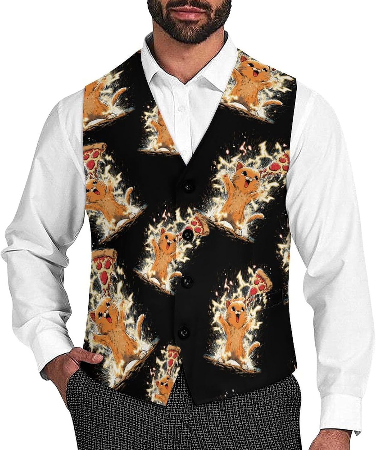 Cat Power of Pizza Mens Suit Vest Formal Dress Business Wedding Groom Tuxedos Waistcoat with Pocket